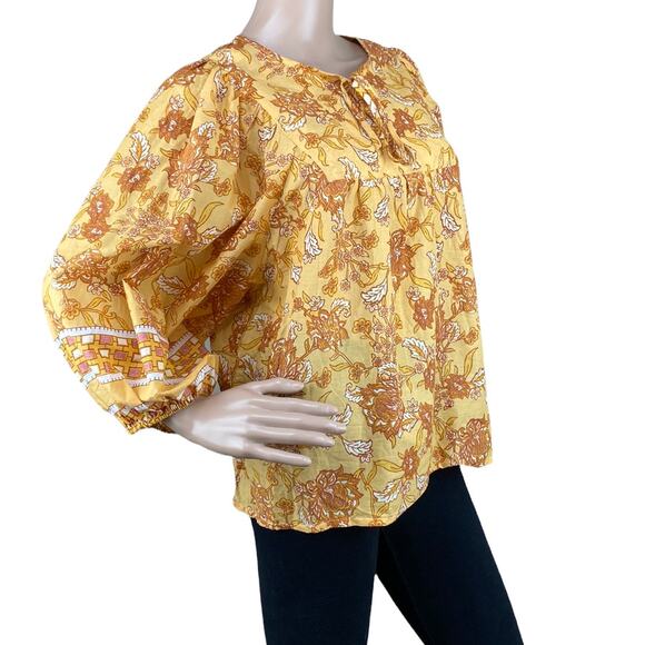 C&C California Womens Yellow Floral Long Sleeve Tie Front Boho Tunic Blouse Sz M - Picture 3 of 6
